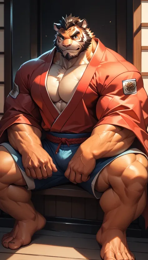 bara tiger, fur, strong physique, perfect anatomy, masterpiece, black beard, squad:1.2, big eyes, solo, great lighting, shorts, japanese, red kimono, sitting in terrace, tarditional house