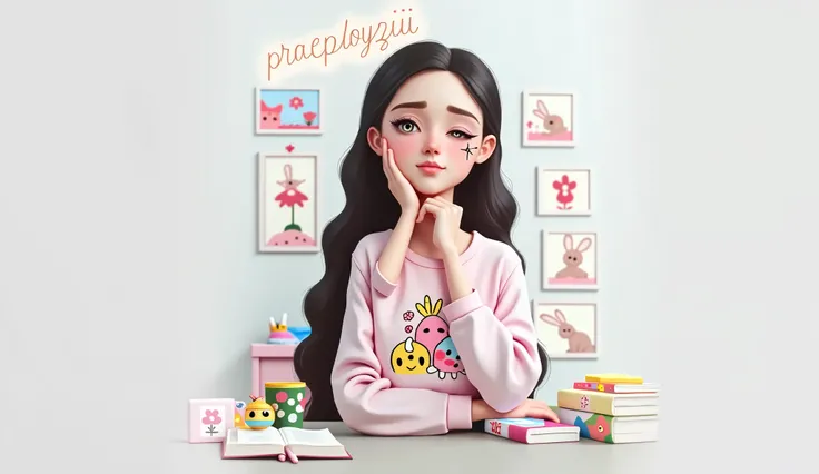 A young woman, with long dark hair and detailed makeup, is peacefully resting her head on her folded arms at a white desk. She is wearing a bright pink sweatshirt with playful cartoon characters. Around her are colorful stationery items, a floral cup, stac...