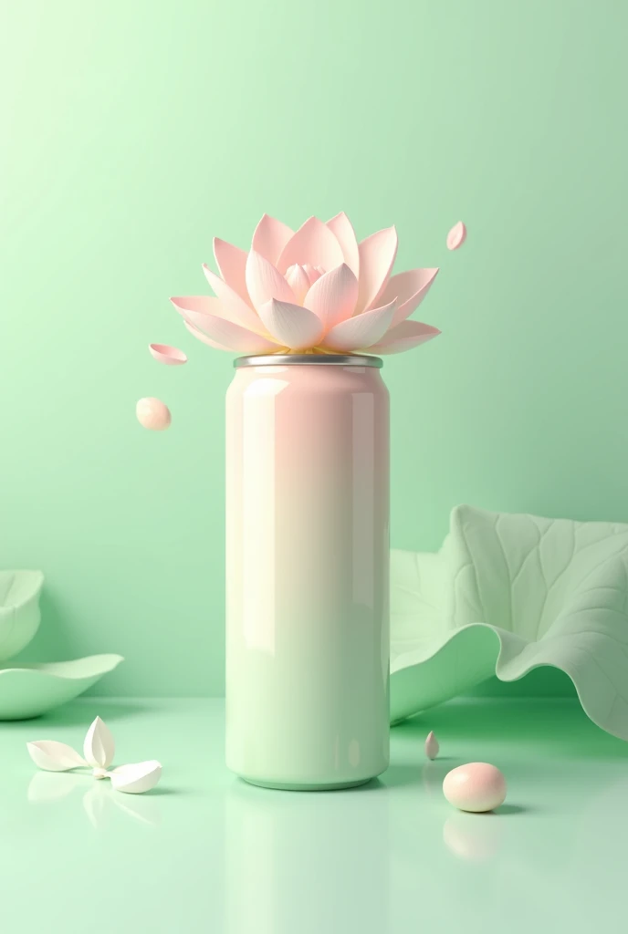 Lotus flavored red bull colors of the beverage are pastel green and pink with a lotus in the centre realistic mockup 