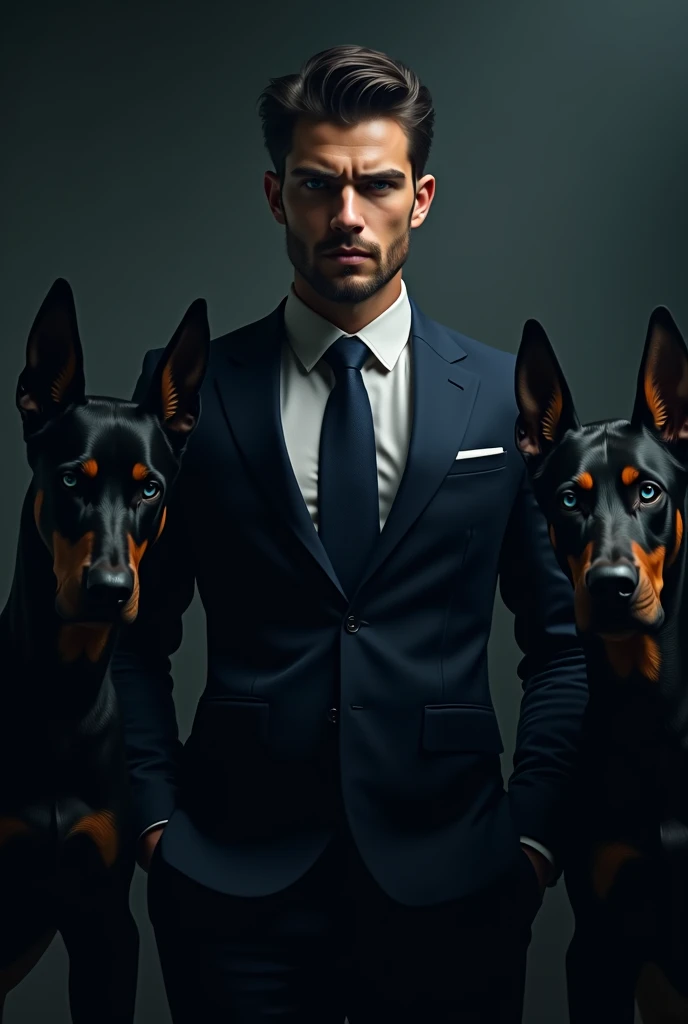 creates a handsome man like a young model  , strong , tall 2 but with youthful features, tan skin , short black hair not very short perfectly combed back, serious a little angry look, light beard but perfectly groomed, blue eyes, dark navy blue suit, with ...