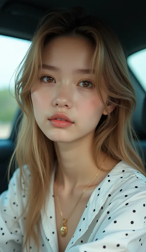 (8K, ultra detailed, realistic:1.3), 1 young woman with soft and delicate face, fair skin with warm undertones. Long, straight hair in a dark blonde shade with golden highlights, combed to one side. Big almond-shaped eyes, light brown, with well-defined an...