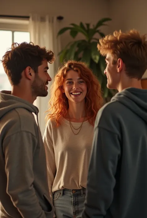 A 20 year old girl, natural red hair in waves,  she laughing looking at a 2 blond man, in sweatshirt, the couple is in the room Just two people She looks at him laughing 