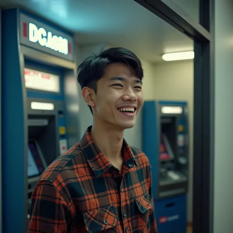  realistic photography.young Indonesian man wearing a flannel shirt. was standing in the ATM room. Behind the ATM machine there is an embarrassed launge out loud expression. Ultra-realistic 8K photo, taken with Leica Q2, strong color contrast and sharp cla...