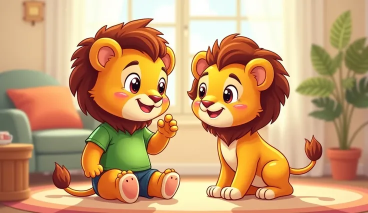 Little Lion cute green tshirt cartoon style  किट्टू और अंशु घर के अंदर