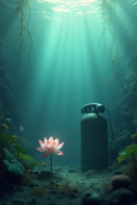 Compose on the water level and lotus flower, old telephone and gas cylinder under the water