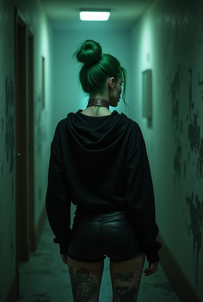 pale white woman gothic green hair hair in a bun black hoodie black leather short shorts up in her crack butt cheeks showing punk neck collar tattoos on legs shes in a haunted house filming a ghost hunting investigation scary and spooky backside view  8k r...