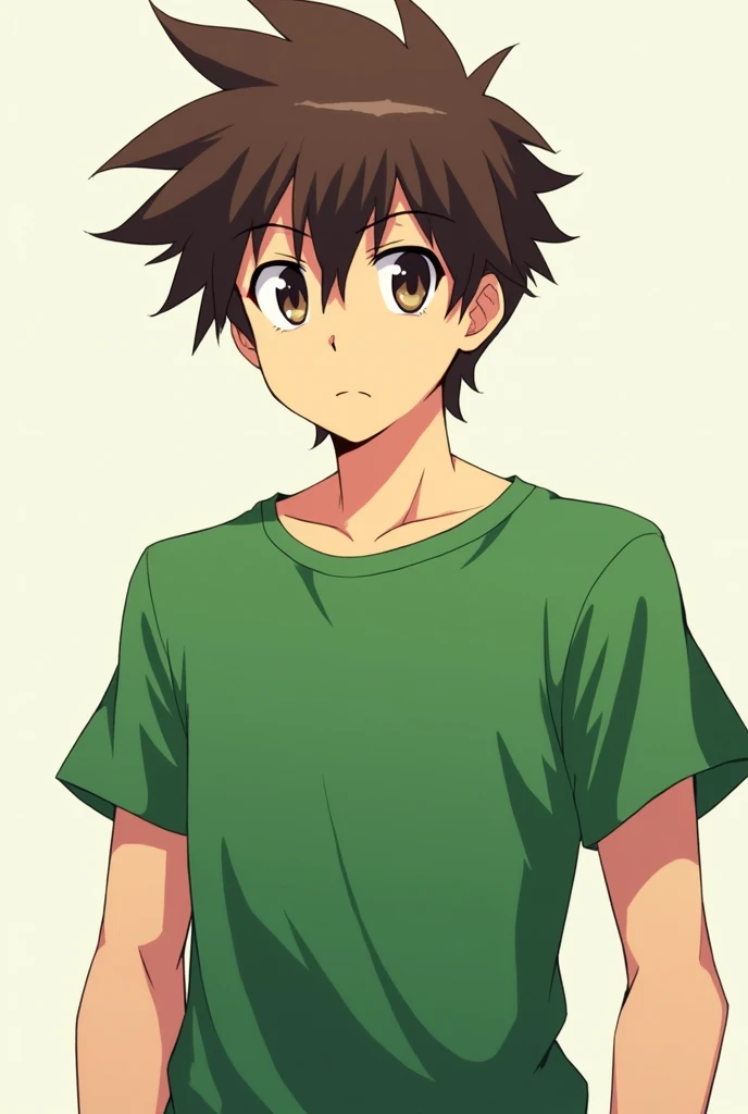 anime style,  with spiky brown hair, dark brown eyes, green shirt, , white skin, older guy like 20 years old, and tall 