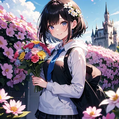 One girl、short black hair,smile、Small breasts(Black hoodie:1.1)、(White dress shirt:1.1)、Normal necktie、(Checked mini skirt:1.1)、(whole body),、Holding a bouquet in both hands、In front of a gorgeous European castle with flowers blooming、Clear blue sky dynami...