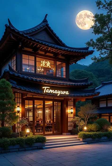 elegant restaurant, Korea, Restaurant Tamayura, facilities outside, elegance, Korean culture, Quiet atmosphere, Evening, moon in the sky, puerta del Restaurant Tamayura, tamayura sign, ultra real photo