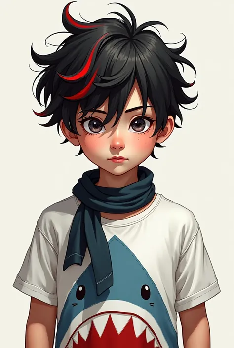 A boy with messy black hair with lots of red streaks,with a hat tied around his neck and hanging on his back , and a white shirt with a shark&#39;s mouth drawn on it