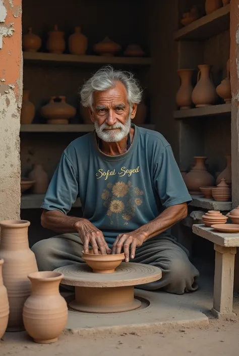 An old pottery workshop where an old man with short white hair and a blue t-shirt with  producing pottery and the name of sofal seyed is written above the workshop.