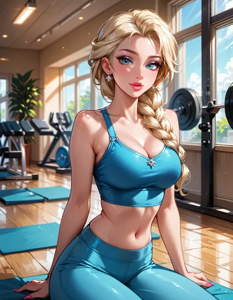 score_9, score_8_up, score_7_up, rating_questionable, epiCPhoto, 1girl, very sexy (Elsa, blonde, braid:1.1), beautiful waifu, yogapants, dusty blue yoga pants, in gym, long legs, thicc, solo, cute, flirt, gaze, sexy look, half-closed eyes, head tilt, fille...