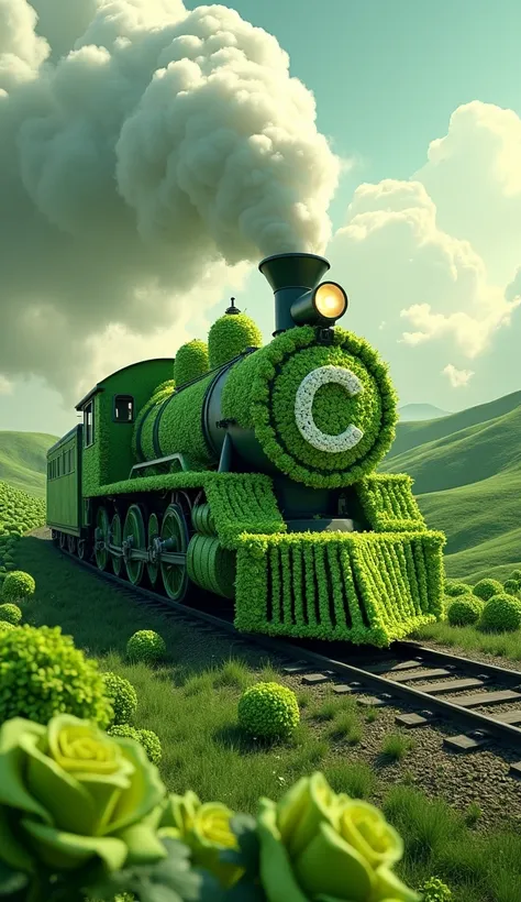 This is a highly detailed 3D locomotive made entirely of green roses, running through lush green landscapes, with a large white letter C on the front, intricate petals, dramatic lighting, seamless composition, stunning views of vast rolling hills, fluffy c...