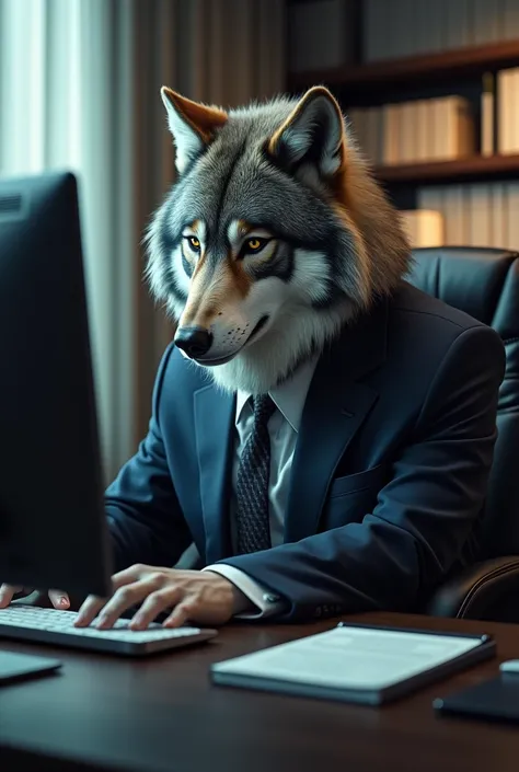 Wolf in formal dress sitting like man in computer working eith pressure