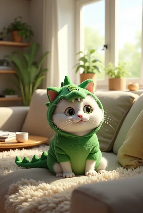 "A fluffy white cat is wearing a bright green crocodile costume, complete with a tail and sharp teeth along the hood. The cat looks cozy, lounging in a modern living room. The room is softly lit, with a comfy couch, a coffee table with some books and a cup...