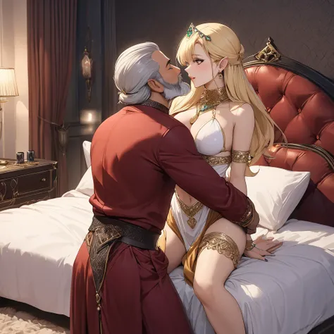 ((Best Quality)), ((masterpiece)), (detailed), （Perfect Face）、The high elf woman is Seras Ashlain, a blonde medium-long haired high elf wearing a luxurious Saudi Arabian mistress costume, gorgeous jewelry accessories, and an engagement ring.、On a bed in a ...