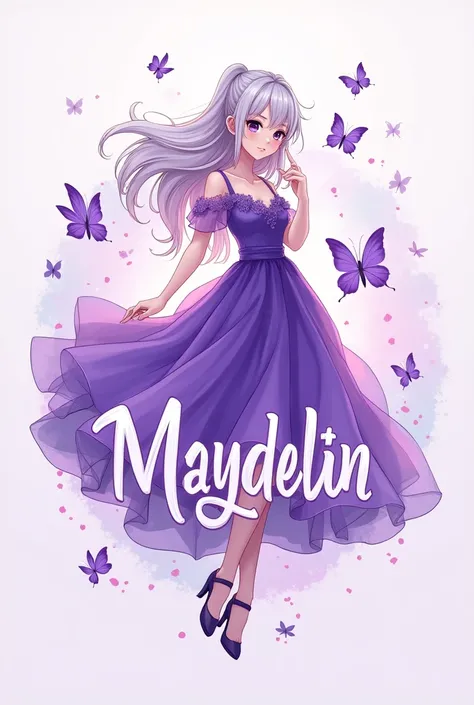 15th birthday purple logo with the name Maydelin with butterflies and a waifu in a purple dress