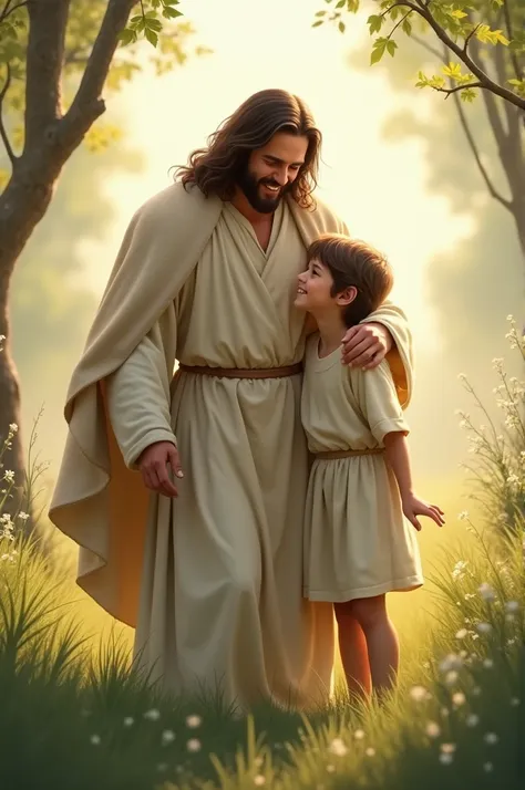 Jesus Christ is sitting in a natural environment, like a garden or a quiet field. He wears his traditional long, simple robes, white or beige in color, with a cloak in soft tones. Next to you, a child is sitting, looking at Him with admiration and trust. T...