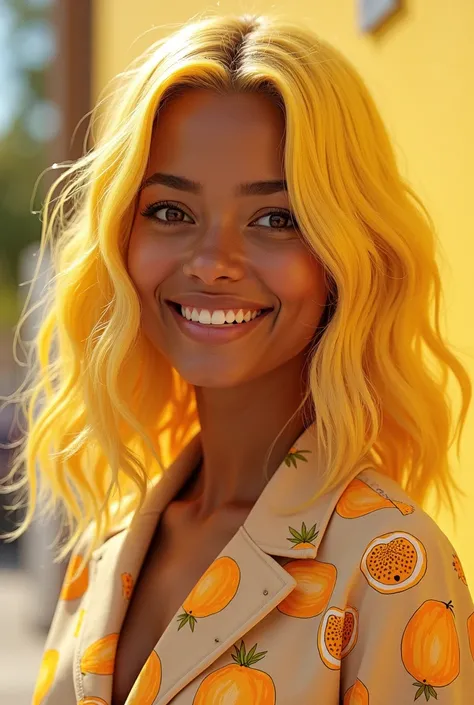 an  with a beige outfit and a passion fruit print,with brown skin,yellow hair and happy