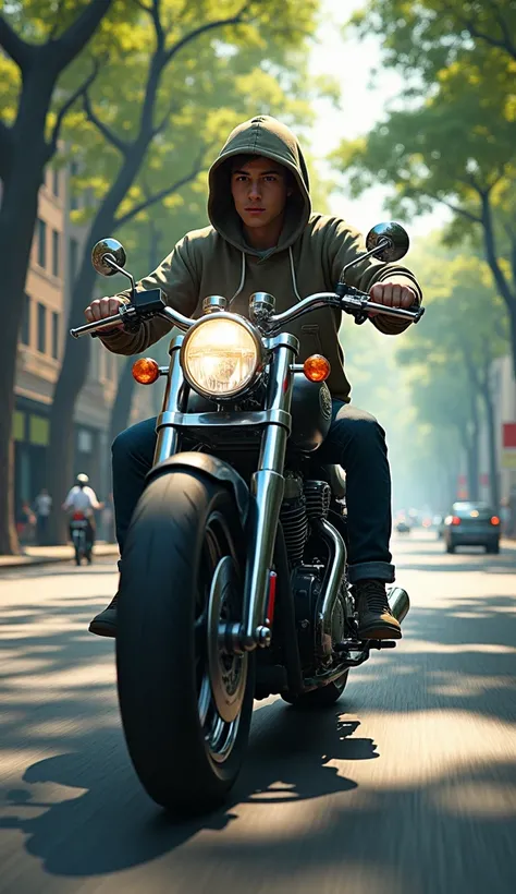 A guy wearing a hoodie, riding a large motorbike, on a street with many trees on both sides