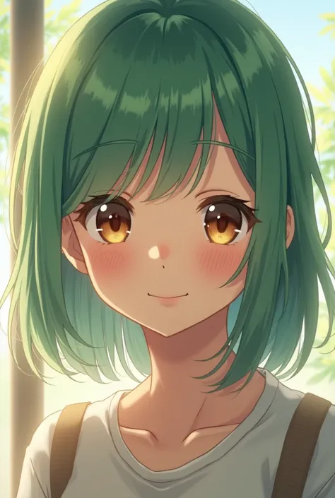 Pastel lighting anime semi realistic girl green hair brown eyes teenager nice smile
