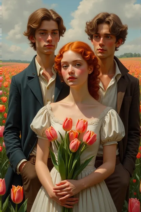 I created an image from 1827 of a young red-haired woman with freckles and hazel eyes, holding tulips in a flower field, along with a slender man, high, with straight brown hair, and another man, tanned, muscular, curly hair.