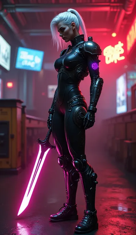 An older woman, perhaps in her late 50s, with slicked-back white hair that glows faintly with embedded circuitry. Her face is hardened by years of battle, with dark purple cybernetic veins visible under her skin. She wears a heavy, high-tech exosuit with a...