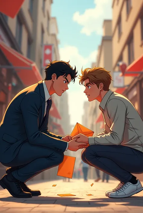 two men, no beard, holding the same envelope that was lying on the floor. The image needs to contain the romance of when their eyes meet as they hold the orange envelope at the same time., the fund needs to have shops and a street. They can&#39;t have bear...