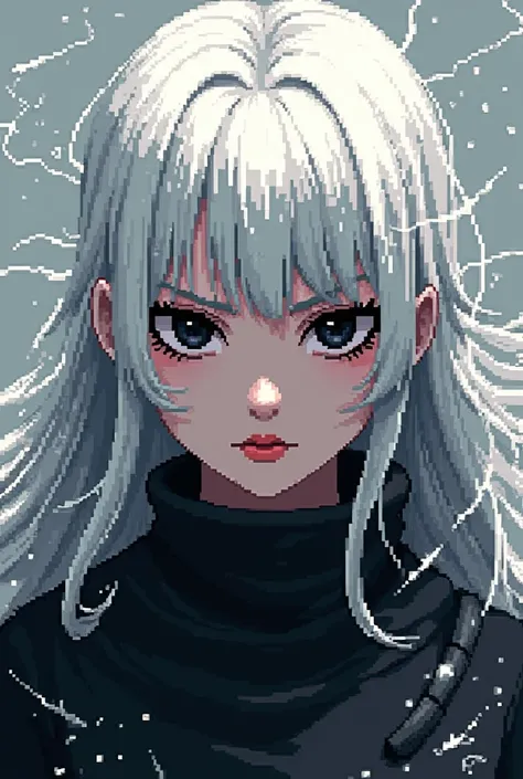 Pixelart illustration, strong woman character, strikingly cold expression, long flowing white hair cascading down, bangs meticulously tucked behind ears for clarity, compelling black eyes with a dynamic gaze piercing through the pixelated storm, finely cra...