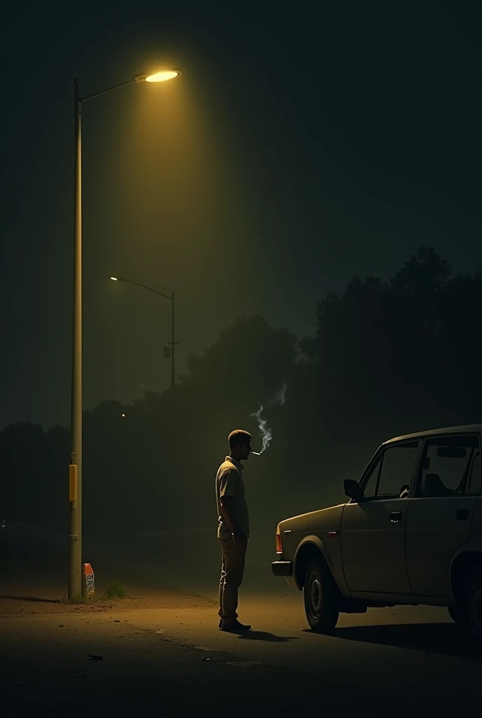 At night Alone in Flyover with yellow road light with car stop at corner smoking sigaret outside of the car in india with realistic image 