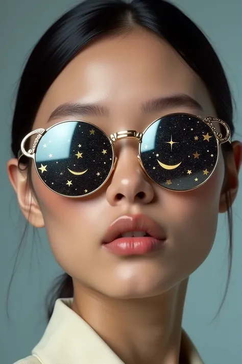 The model is wearing glass sunglasses with stars and the moon on the glass