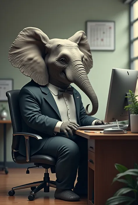 Elephantin formal dress sitting like man in computer working with specs