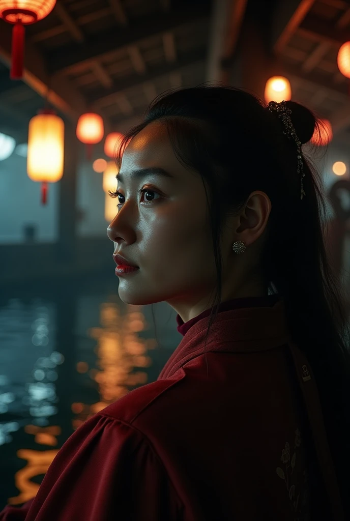 Ching Shihs Humble Beginnings

Settings: ISO 400, f/4, 50mm, 1/125 sec.
Scene: A low-lit, moody shot of young Ching Shih working on a floating brothel. The camera captures the dim glow of lanterns reflecting off the water, highlighting her contemplative ex...