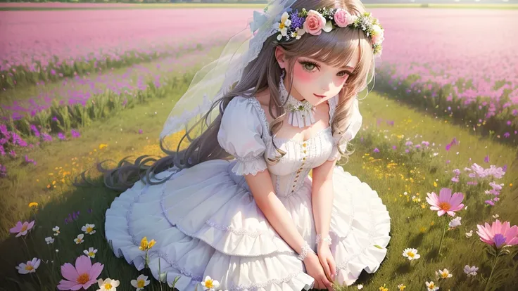 Sissy bride in a field of flowers, boy dressed as girl frontal in a flower field, portrait of crossdressed man in flower field, in a field with flowers, femboy