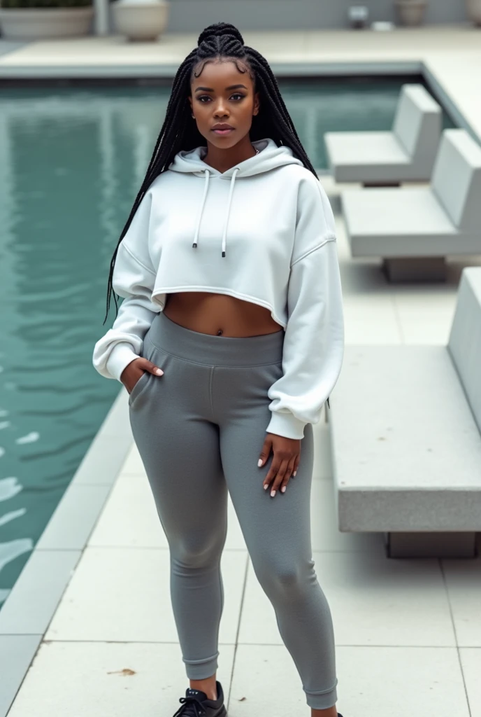 A curvaceous Black woman wearing a snug, white cropped hoodie paired with form-fitting, grey joggers and black sneakers. Her hair is styled in cornrows. The setting is an outdoor promenade by the water, with sleek modern benches and a calm waterfront view....