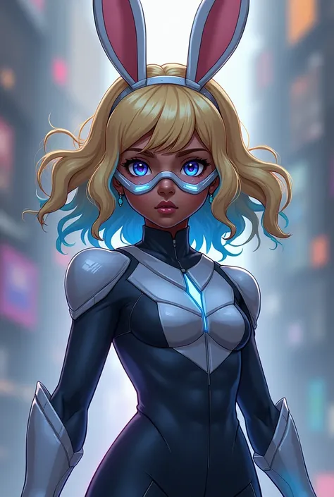 A girl with dark skin and has bunny ears and has wavy hair with bangs and the hair color is blonde and light blue has a hero suit Her left eye is blue and the right eye is light purple she is calm and wears a mask that protects her face and mouth and her q...