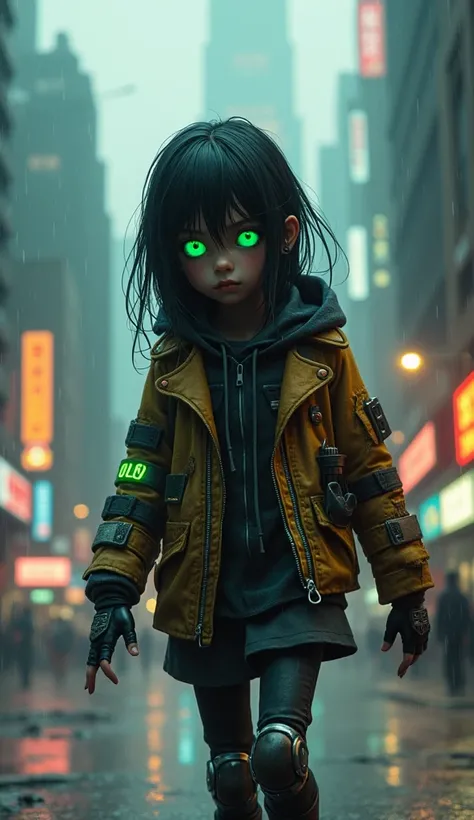 A young girl, about , with dark, messy hair falling over her face, wearing a patchwork of scavenged cybernetic armor. Her large eyes are glowing a faint green, indicating a retinal implant, while the rest of her face is pale, with dark shadows under her ey...