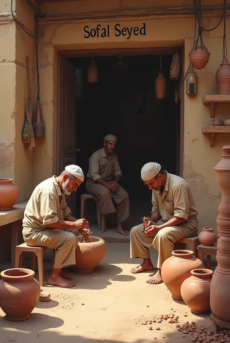 An old pottery production workshop where several people are producing pottery and the name of sofal seyed is written above the workshop