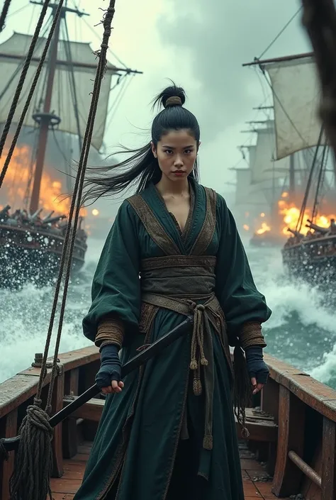 Ching Shih’s Brilliance in Battle

Settings: ISO 800, f/4, 85mm, 1/250 sec.
Scene: A high-action scene of Ching Shih leading her pirates in battle. The camera captures her commanding her fleet with fire in her eyes, as cannons roar and swords flash. The oc...