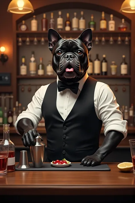 Create a highly realistic image of a black bulldog standing on its hind legs behind a classic wooden bar counter, as if its the bartender. The bulldog is dressed in a fitted black vest over a white dress shirt, with a small bow tie around its neck. Its mus...