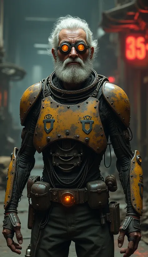 An elderly man, well into his 70s, with a full beard and cybernetic goggles fused into his face. His skin is wrinkled but embedded with dark, metallic implants and circuitry running along his arms and neck. He’s wearing a heavy, mechanical exoskeleton with...