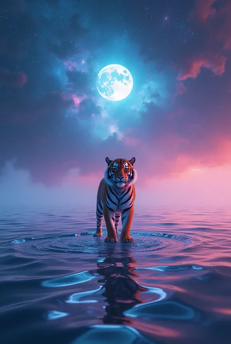 Here is the surreal scene of a tiger standing on the sea under a neon-lit sky with an open universe and a luminous moon. Let me know if youd like any adjustments!