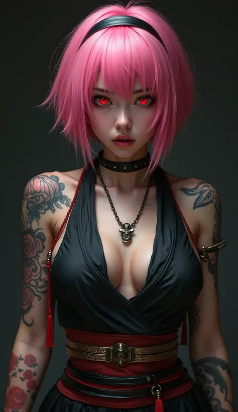 A woman , pink hair . short hair , red eyes , mouth half open , Japanese culture clothing , runs open , asian tattoos on the body , cyberpunk samurai culture, dark background, strength posture , Serious ,