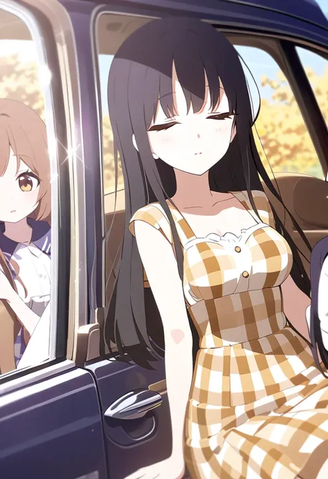 Super beautiful picture quality、High school girl、Slightly droopy eyes、Kind Face、Firm breasts、Cream-colored brown checkered dress、One Girl、One man、Inside the car、Girl sleeping with eyes closed、Ocher eyes、Black Hair、Smooth long straight hair、Top quality back...