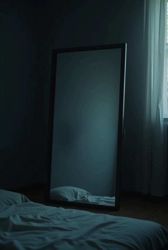 An empty mirror across a dark bedroom with a faint, ghostly whisper lingering in the air