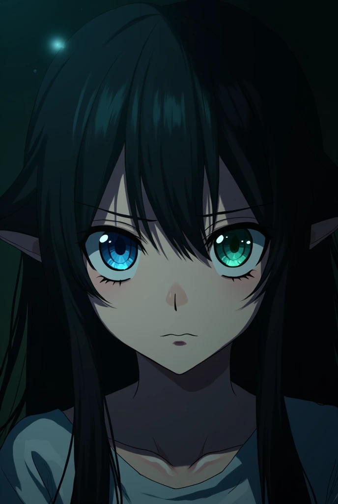 Girl frowning, shadows with lighting, and anime
c, different coloured eyes blue and green ,british kinda evil

