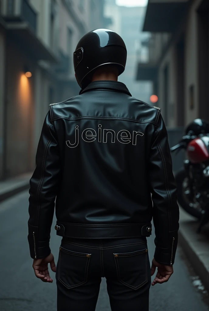 Very handsome biker boy with helmet watching his Kawasaki sports bike parked vertically with his back turned with a jacket with the name Jeiner on it
