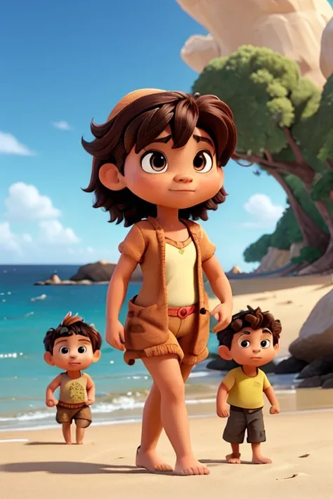 there are three people and a child on the beach, in the style of the croods movie, 3 d animated film, toy commercial photo, 3D Characters, official artwork, Photorealistic Disney, animated film, official art, mixed characters, promotional rendering, Disney...