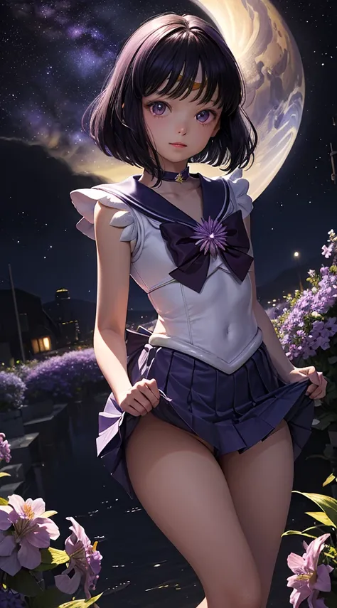 (masterpiece, Best Quality: 1.2), Alone, 1 girl, Sailor Saturn, Magical Girl, shut up, Looking at the audience, Hands on hips, Sailor Warrior Uniforms, Pleated skirt, Elbow Bag, jewelry, (((brooch)), collar, Purple eyes, Space Background, milky way, whole ...