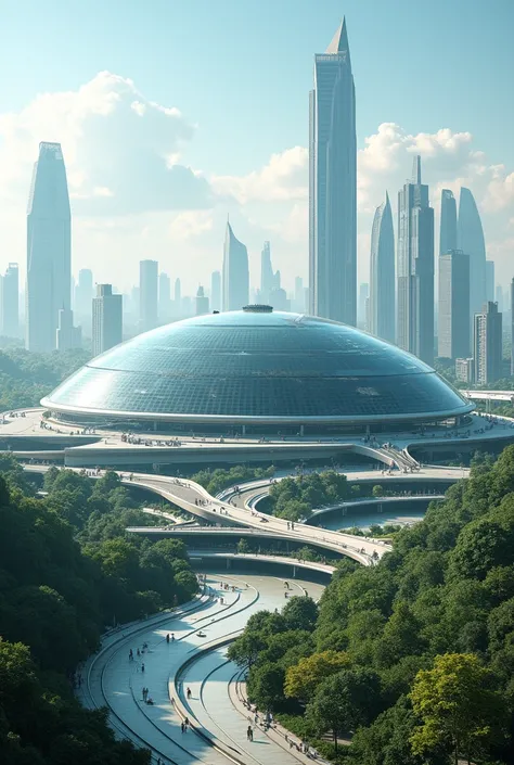 Create a picture of a future city that has a giant transparent dome on top., has a sophisticated drainage system, and the building inside has anti-earthquake seismic isolation